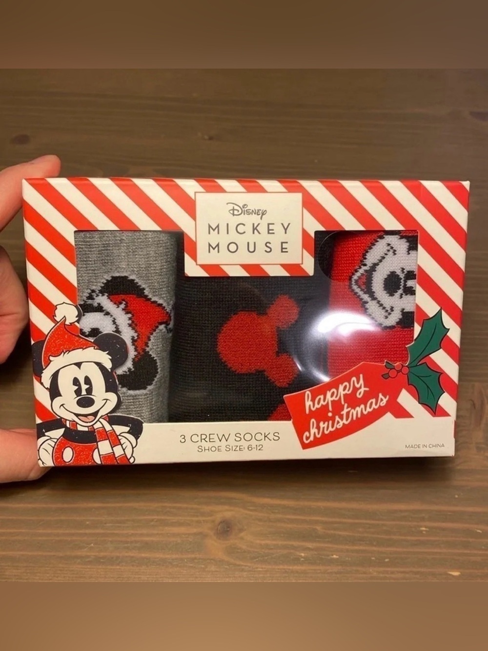 Disney Mickey Mouse Holiday Crew Socks Set 3 Pairs Gift Box NIB Red Grey Black